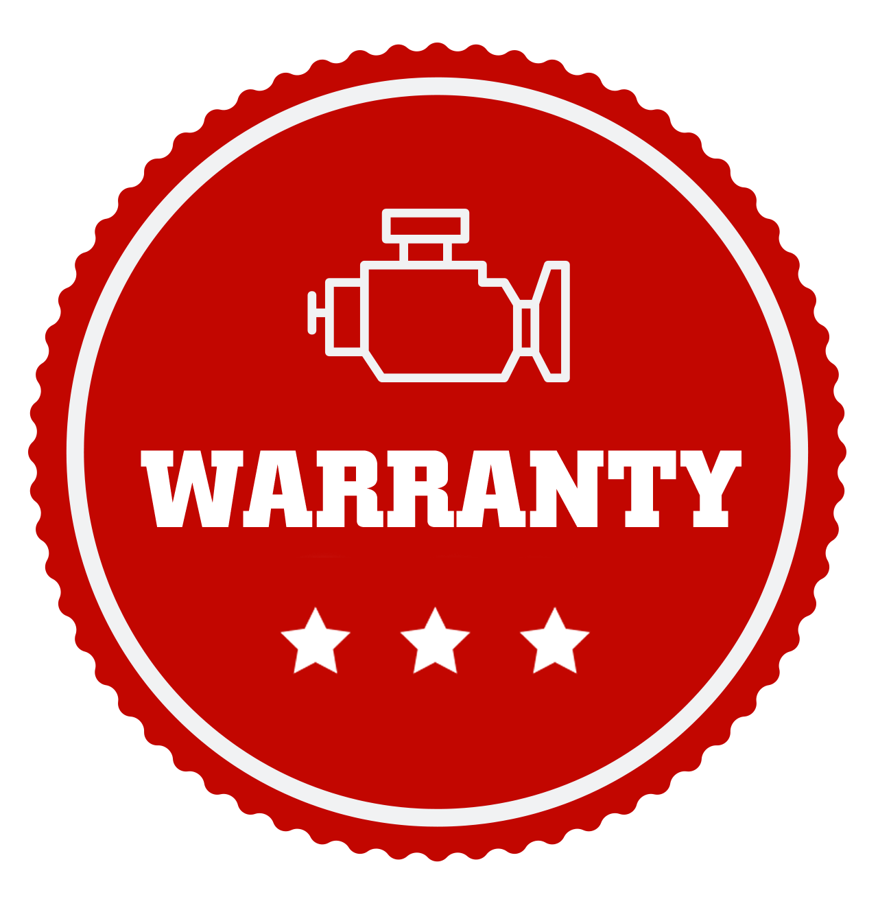 A red warranty badge featuring a white engine icon at the top, the word 